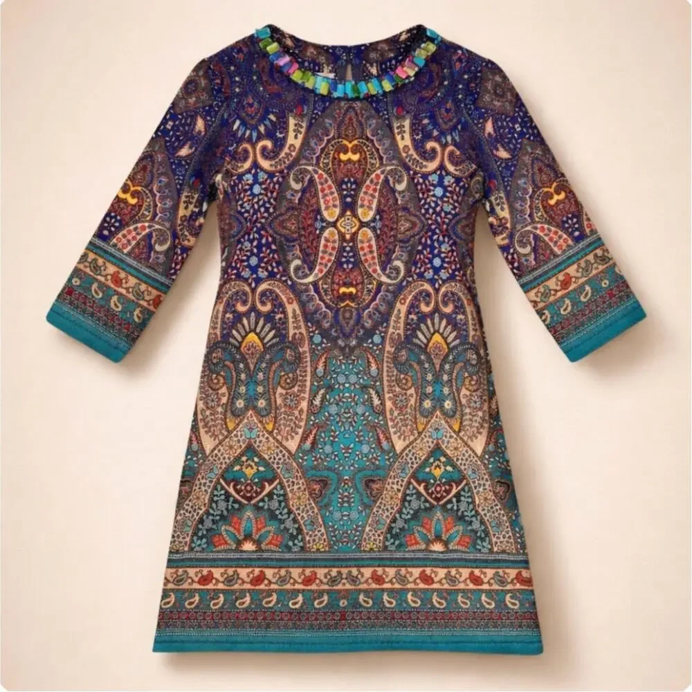 Boho Paisley Beaded Neck Cocktail Sheath Dress Teal Multi Size 10